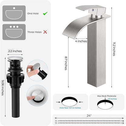 Nickel Bathroom Faucets, Tall Waterfall Bathroom Sink Faucet Modern Single Handle Bathroom Faucte 1 Hole, Tall Spout Vessel Faucet Mixer Tap Washbasin Faucet with Pop-up Drain, Supply Hoses