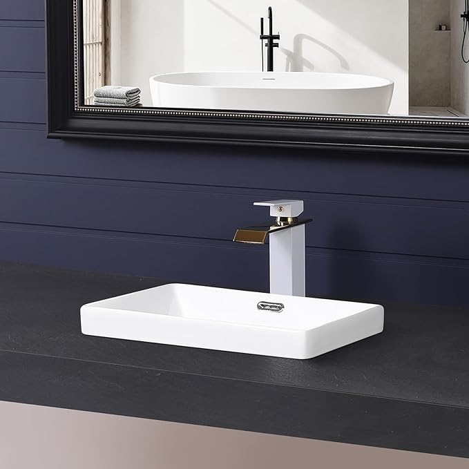 Semi Recessed Bathroom Sink 17"x13" Vessel Sink Drop-in White Porcelain Ceramic Modern Rectangular Sinks Basin Vanity Sinks with Overflow for Bathrooms