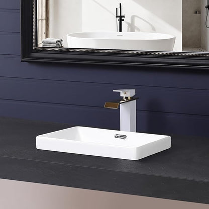 Semi Recessed Bathroom Sink 17"x13" Vessel Sink Drop-in White Porcelain Ceramic Modern Rectangular Sinks Basin Vanity Sinks with Overflow for Bathrooms