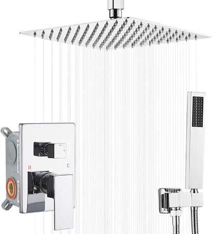10 Inch Ceiling Mounted Shower System Rain Mixer Shower Combo Set Rainfall Shower Head System ‎Polished Chrome Shower Faucet Rough-in Valve Body and Trim Kit Included
