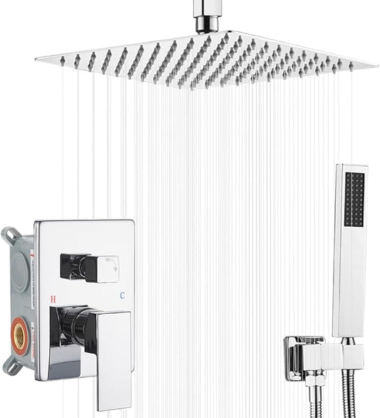 10 Inch Ceiling Mounted Shower System Rain Mixer Shower Combo Set Rainfall Shower Head System ‎Polished Chrome Shower Faucet Rough-in Valve Body and Trim Kit Included