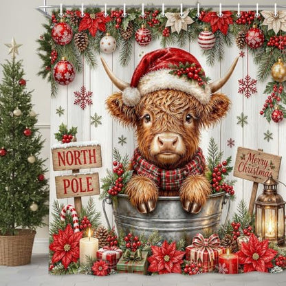 Christmas Highland Cow Shower Curtain Rustic Cute Holiday Bathroom Decor