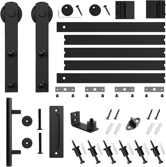SMARTSTANDARD 6.8 FT Heavy Duty Sturdy Sliding Barn Door Hardware Kit, Black, (Whole Set Includes 1x Pull Handle Set & 1x Floor Guide) Fit 36"-40" Wide Door Panel (I Shape Hanger)