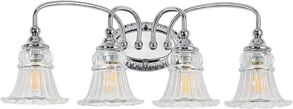 4-Light Vintage Bathroom Light Fixtures, Chrome | Vanity Lights Over Mirror with Floral Glass Shade for Bathroom Powder Room, Living Room Hallway