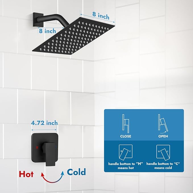 Matte Black Shower Faucet Set, 8 Inch Rain Shower System with Valve | Complete Rain Shower Set with Valve, Single Handle Wall Mount Design