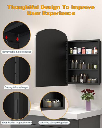 Daisy Beaded Arched Medicine Cabinet with Mirror, Wall Mounted or Recessed 20x28 Inch Bathroom Vanity Mirror with Storage Full-Metal Cabinets, 2 Adjustable Shelves and 1 Organizer Bling Silver