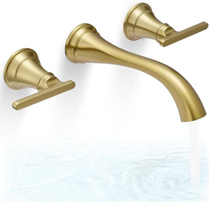 Wall Mount Tub Faucet, High Flow Solid Brass Brushed Gold Bathtub Faucet, 2 Handles Tub Filler with 8" Spout Reach, Rough-in Valve Included