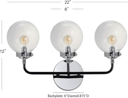 JONATHAN Y 22" Chrome/Black 3-Light LED Wall Sconce Vanity Lighting, Clear Glass Globe Shade Modern Contemporary Sconce for Bathroom Mirror, Hallway, UL Listed (JYL9058A)