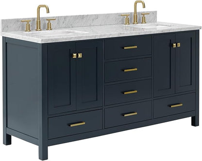 ARIEL Cambridge 66-inch Bathroom Vanity with Sink,Solid Wood, 0.75-inch Italian Carrara Marble Countertop, Double Rectangular Porcelain Sink, 4 Soft Closing Doors, 6 Dovetail Drawers, Midnight Blue