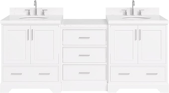 ARIEL Stafford 84-inch Bathroom Vanity with Sink,Solid Wood, 1.5in Carrara White Quartz Countertop & Backsplash, Double Oval Porcelain Sink, 4 Soft Closing Doors, 5 Dovetail Drawers, White