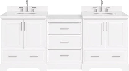 ARIEL Stafford 84-inch Bathroom Vanity with Sink,Solid Wood, 1.5in Carrara White Quartz Countertop & Backsplash, Double Oval Porcelain Sink, 4 Soft Closing Doors, 5 Dovetail Drawers, White