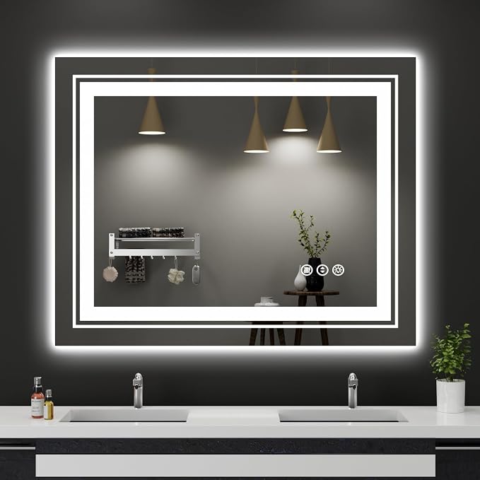Snowdool 39x31 LED Bathroom Mirror with Front and Backlight, Dimmable Lighted Bathroom Vanity Mirror with Anti-Fog, Memory Function,Tempered Glass(Horizontal/Vertical) | Front and Backlit, Dimmable, Anti-Fog, Tempered Glass