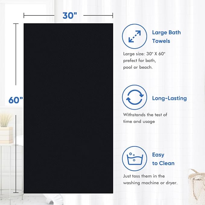 HOMEXCEL 4PK Bath Towel Set, 30x60 in, Absorbent Large Towels for Bathroom | Ultra Soft, Lightweight, Quick Dry Towels for Pool, Beach, Swim, Yoga, SPA, Black