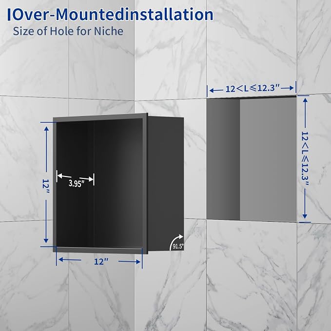 304 Stainless Steel Recessed Matte Black Shower Niche 12" X 12" | Wall-Inserted, Waterproof Rustproof Bathroom Shower Niche Insert No Tile Needed, for Shower & Bathroom Storage