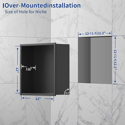 304 Stainless Steel Recessed Matte Black Shower Niche 12" X 12" | Wall-Inserted, Waterproof Rustproof Bathroom Shower Niche Insert No Tile Needed, for Shower & Bathroom Storage