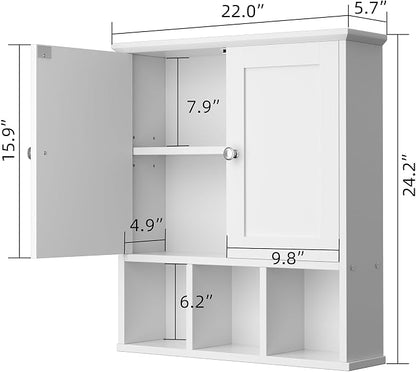 Shintenchi Bathroom Medicine Cabinet, Wall Mounted, Adjustable Shelf, White | Over The Toilet Cupboard, Open & Concealed Storage, 2 Magnet Doors, Space-Saving, Easy to Clean