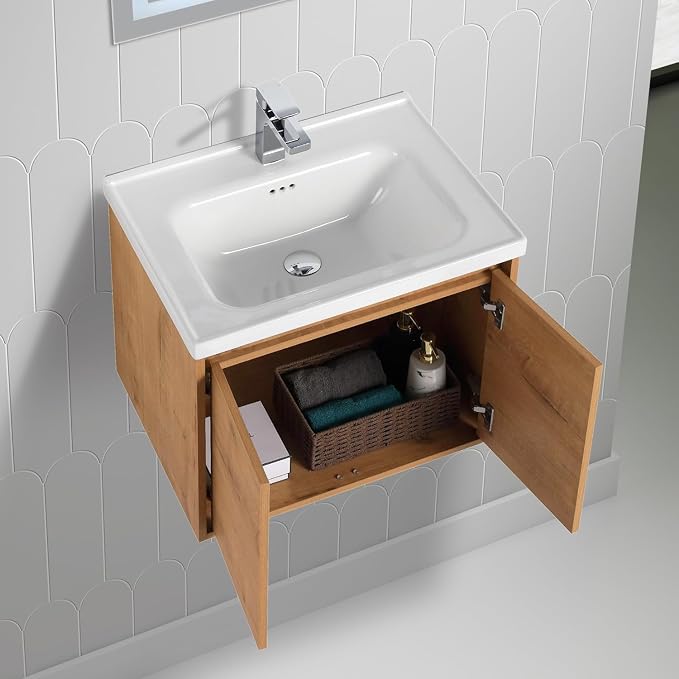 Blossom 24 Inch Classic Oak Plywood Bathroom Vanity with Ceramic Sink, Modern Wall Mounted Floating Bathroom Vanity Cabinet with Soft Close Doors and Moisture Resistant Finish