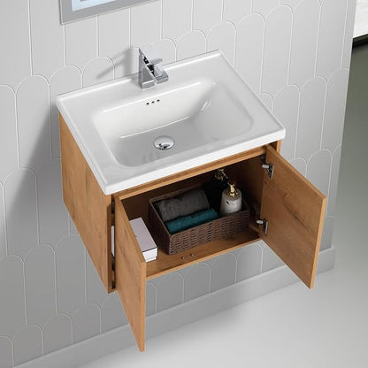 Blossom 24 Inch Classic Oak Plywood Bathroom Vanity with Ceramic Sink, Modern Wall Mounted Floating Bathroom Vanity Cabinet with Soft Close Doors and Moisture Resistant Finish