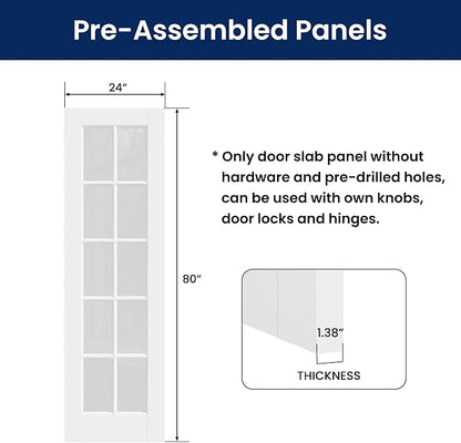 SMARTSTANDARD 24" x 80" Clear Glass French Interior Solid Core Door Slab | 10-Lite Glass Pantry Door for Bathroom Laundry Pocket, Pre-Assembled Panel without Hardware, White Primed
