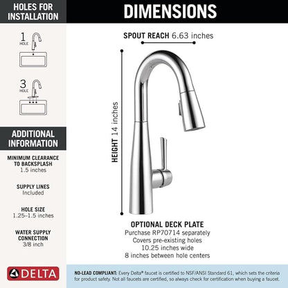 Delta Essa Chrome Bar Sink Faucet with Pull Down Sprayer, Modern Single Hole Prep Sink Faucet, Single Handle, Chrome 9913-DST