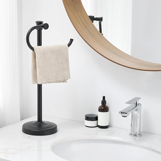 BESy 17 Inch Matte Black Stand Towel Bar Hanger Hand Towel Bar Bathroom Vanity Countertop Towel Holder Free Standing Stainless Steel Towel Ring Hardware Accessories Towel Rack
