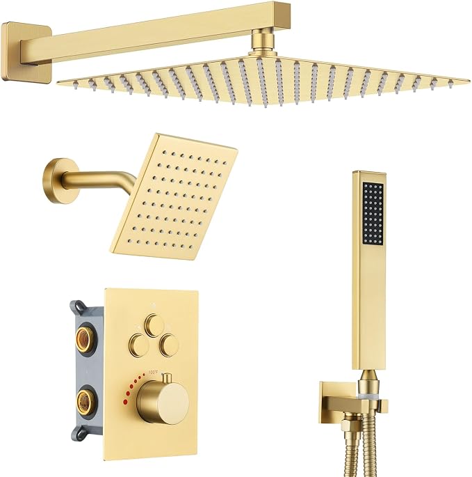 Thermostatic Dual Shower System, Rain Shower Faucet, Brushed Gold | 12 Inch Shower Head, 6 Inch Wall Mount Head, High Pressure Handheld Sprayer, Push Button Valve
