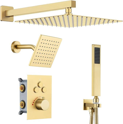 Thermostatic Dual Shower System, Rain Shower Faucet, Brushed Gold | 12 Inch Shower Head, 6 Inch Wall Mount Head, High Pressure Handheld Sprayer, Push Button Valve