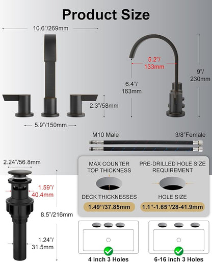 Bronze 3 Hole Bathroom Faucet,8" Widespread Vanity Faucet | 2 Handle Waterfall Bathroom Sink Faucet with Pop-Up Drain,Supply Lines,360° Swivel Spout,Lead-Free Stainless Steel,Deck Mount