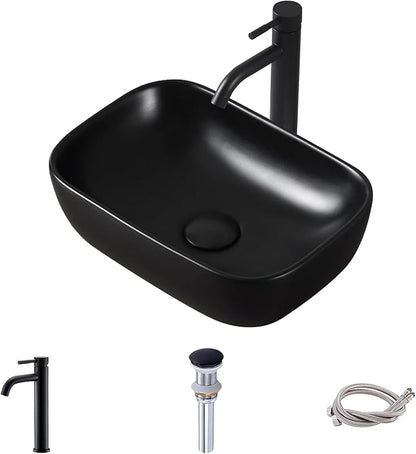 Black Vessel Sink 14.5"x10" Small Bathroom Sink Above Counter | 14 Inch Small Vessel Sink Black Ceramic Porcelain Bowl for Vanity Wash Basin Countertop Design