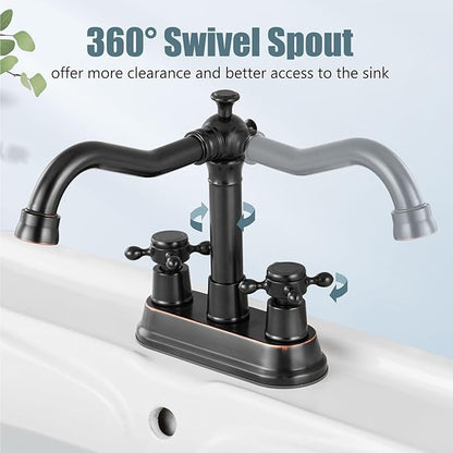 Aolemi 4 Inch Centerset Bathroom Sink Faucet Vintage 2 Cross Handle RV Mixer Tap Basin Vanity Lavatory Utility for Sink 3 Hole Include Hoses Pop Up Drain Faucet Handle Without Label Oil Rubbed Bronze