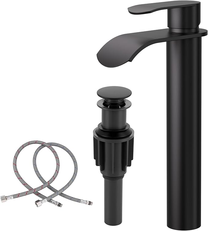 Vessel Sink Faucet Black for Bathroom：WOWOW Single Handle Tall Bathroom Faucet - Waterfall Single Hole Mixer Bar Tap with Large Rectangular Spout, Deck Mount Lavatory Vanity with Pop Up Drain
