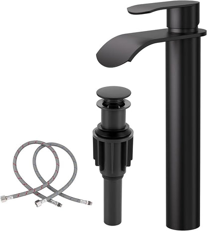 Vessel Sink Faucet Black for Bathroom：WOWOW Single Handle Tall Bathroom Faucet - Waterfall Single Hole Mixer Bar Tap with Large Rectangular Spout, Deck Mount Lavatory Vanity with Pop Up Drain