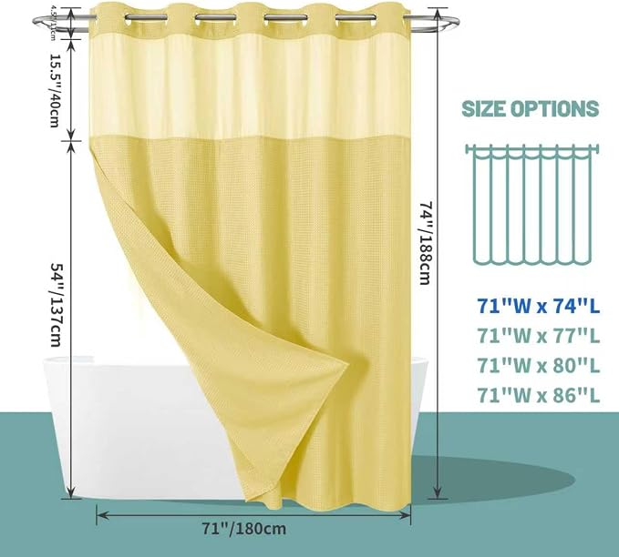 eachope No Hook Waffle Shower Curtain with Snap-in Liner, 71x74 Inch,Yellow | 230 GSM waffle weave fabric, waterproof liner set with 2 bottom magnets, mesh top window, washable, for bathroom or hotel use