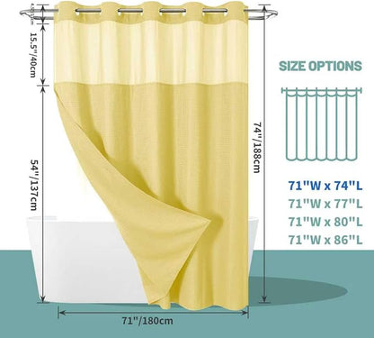 eachope No Hook Waffle Shower Curtain with Snap-in Liner, 71x74 Inch,Yellow | 230 GSM waffle weave fabric, waterproof liner set with 2 bottom magnets, mesh top window, washable, for bathroom or hotel use