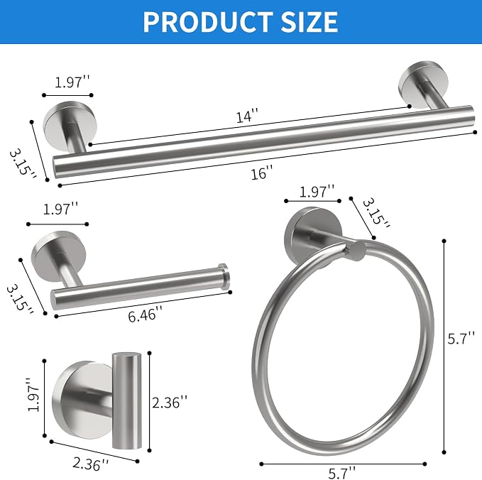 Brushed Nickel Bathroom Accessories, Bathroom Hardware Set, SUS304 Stainless Steel Bathroom Towel Holder Set, 16 Inch Towel Bar Set 5 Pcs, 2 Towel Hooks, Toilet Paper Holder, Towel Ring