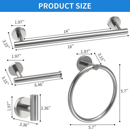 Brushed Nickel Bathroom Accessories, Bathroom Hardware Set, SUS304 Stainless Steel Bathroom Towel Holder Set, 16 Inch Towel Bar Set 5 Pcs, 2 Towel Hooks, Toilet Paper Holder, Towel Ring