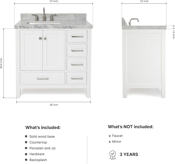 ARIEL Cambridge 36-inch Bathroom Vanity with Sink,Solid Wood, 1.5-inch Italian Carrara Marble Countertop, Single Rectangular Porcelain Sink, 2 Soft Closing Doors, 5 Dovetail Drawers, White