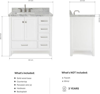 ARIEL Cambridge 36-inch Bathroom Vanity with Sink,Solid Wood, 1.5-inch Italian Carrara Marble Countertop, Single Rectangular Porcelain Sink, 2 Soft Closing Doors, 5 Dovetail Drawers, White