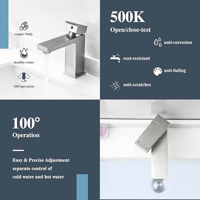 Single Hole Bathroom Faucet, 1-Handle Bathroom Sink Faucet with Pop-Up Drain, Stainless Steel Brushed Nickel for Modern Bath/Vanity