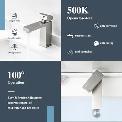 Single Hole Bathroom Faucet, 1-Handle Bathroom Sink Faucet with Pop-Up Drain, Stainless Steel Brushed Nickel for Modern Bath/Vanity