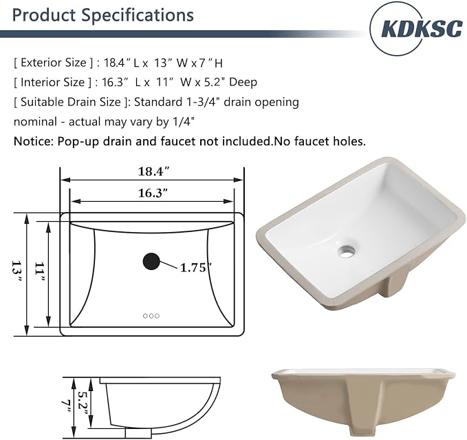18 Inch Undermount Bathroom Sink White Ceramic Rectangular Under Counter Bathroom Sink for Cabinet Porcelain Vanity Sinks,Overflow Type (18.4"x13.0")