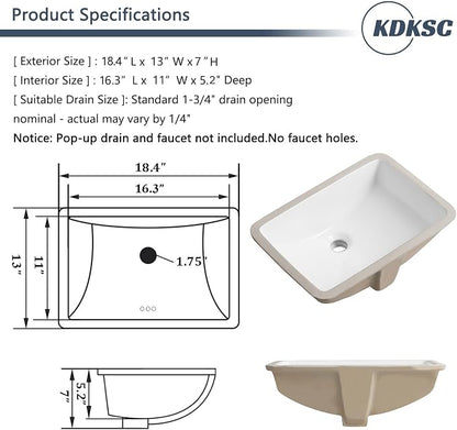 18 Inch Undermount Bathroom Sink White Ceramic Rectangular Under Counter Bathroom Sink for Cabinet Porcelain Vanity Sinks,Overflow Type (18.4"x13.0")