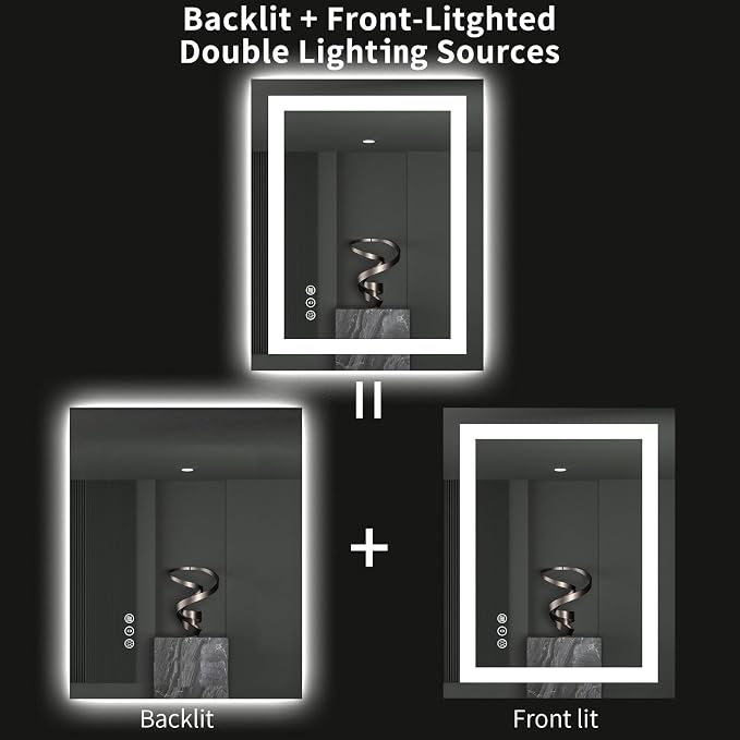 LOAAO 24"X30" LED Bathroom Mirror with Lights, UL Listed | Anti-Fog, Dimmable, 3 Color Temperature, Backlit + Front Lit, Memory Function, Tempered Glass