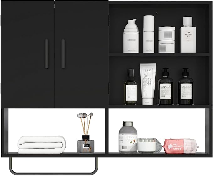 Bathroom Wall Cabinet, Medicine Cabinet, with Towel Bar & 2 Doors, Black