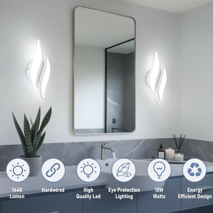 CANEOE Modern LED Wall Sconce 6000K White Indoor Wall Light Fixtures Acrylic Wall Sconce Lighting for Living Room Bedroom Bedside Bathroom Hallway Stairway Wall Lamp (White, 1 Pack,6000K)