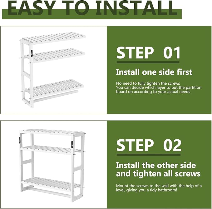 Galood Over The Toilet Storage Bathroom Shelves Wall Mounted 3 Tier White | Space Saver Corner Shelf Organizer Bamboo Towel Rack Toilet Paper Cabinet with Hanging Rod
