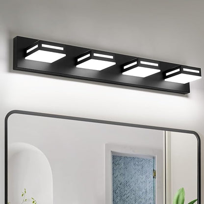LED Modern Bathroom Light Fixtures, 4-Light 30-Inch Matte Black Vanity Lights for Bathroom Lighting Fixtures Over Mirror, 350° Rotatable Acrylic, 6000K Cool White Wall Lamp