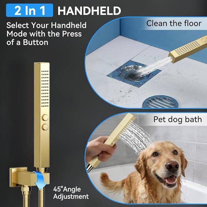 Brushed Gold Shower System with Body Jets, STARBATH 12" Rainfall Shower with 2 in 1 Handheld and 4 Body Jets, Can Use All at Once, Push Button Complete Shower Set with Valve and Trim Kit