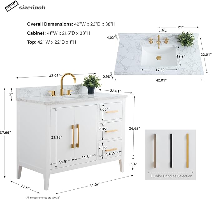 HomeBeyond 42 Inch Bathroom Vanity with Sink & Ceramic Top, Single Vanity Cabinet with Basin, Soft-Closing Doors & Matte Black Hardware, White