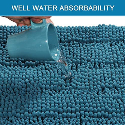 H.VERSAILTEX Bathroom Rugs Bath Rugs for Bathroom Non Slip Bath Mats Extra Thick Chenille Striped Rug 17" x 24" Absorbent Soft Shaggy Washable Dry Fast Bath Mats for Bath Room Floor - Turquoise Blue